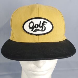 GOLF Logo Hat Flat Bill USA Tan 5 Panel Baseball Cap Structured Front Panel Rare